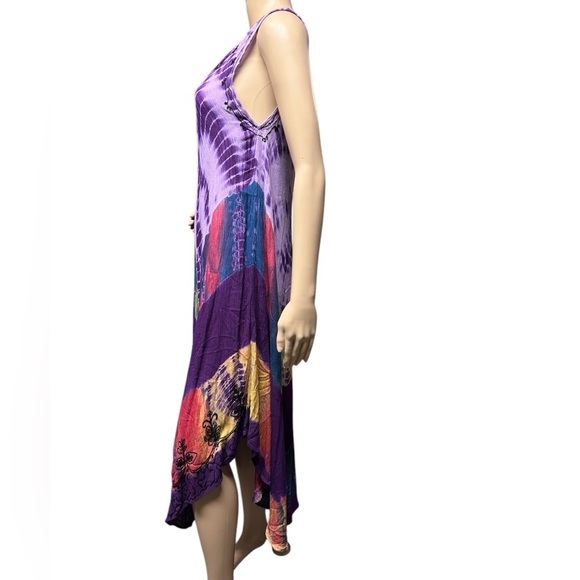 Indian Tropical Fashion Tie Dye Boho Festival Breezy Womens Dress Free Size EUC! - Picture 2 of 9